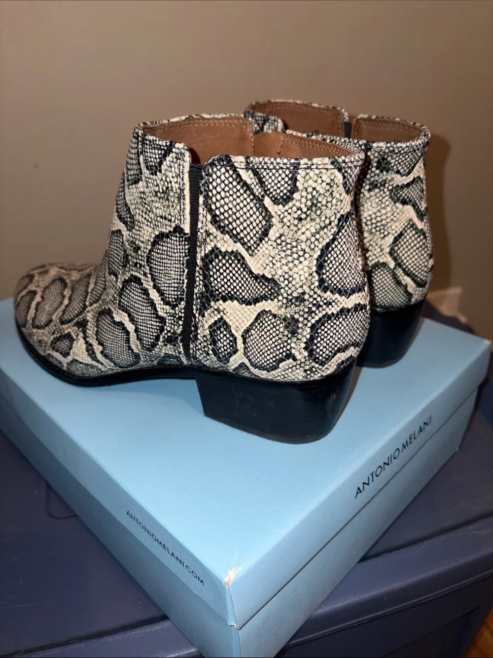 ANTONIO MELANI Snake-Print Ankle Booties in Black & Cream